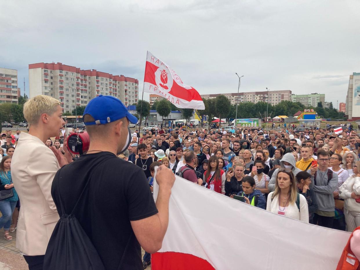 Opposition leader Maria Kolesnikova addresses crowds in Zhlobin, many calling for Lukashenko to resign: Oliver Carroll/The Independent