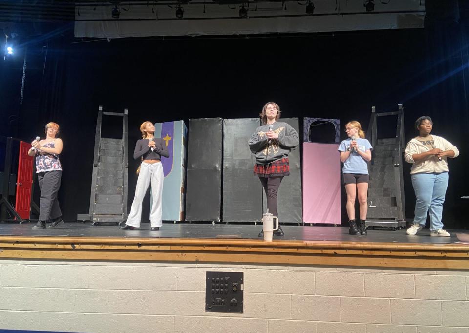 Students in Take Two Drama Club (from left) Braelyn Hurd, Iris Harris, Brooke Anders, Kira Judlin and Nife Anawo practice at Sussex Central High School near Georgetown, Delaware.