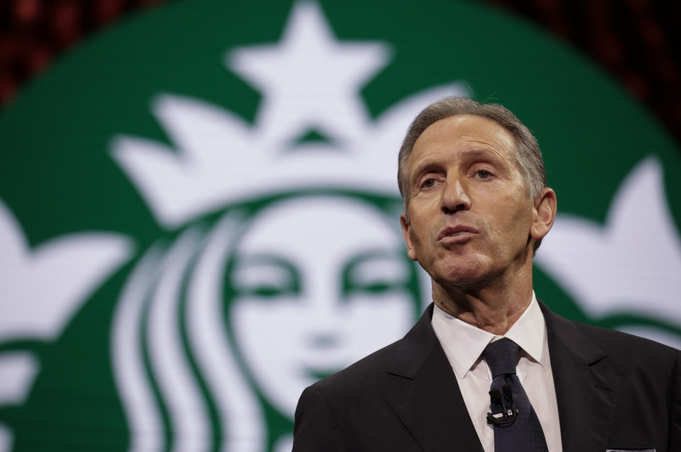 Starbucks Chairman and CEO Howard Schultz speaks at the Annual Meeting of Shareholders in Seattle, Washington on March 22, 2017.  / AFP PHOTO / Jason Redmond        (Photo credit should read JASON REDMOND/AFP via Getty Images)