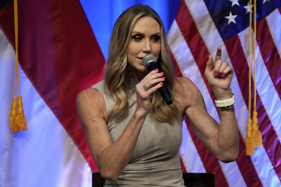 Lara Trump talks at the North Carolina GOP convention in Greensboro, N.C., Friday, May 24, 2024. (AP Photo/Chuck Burton)