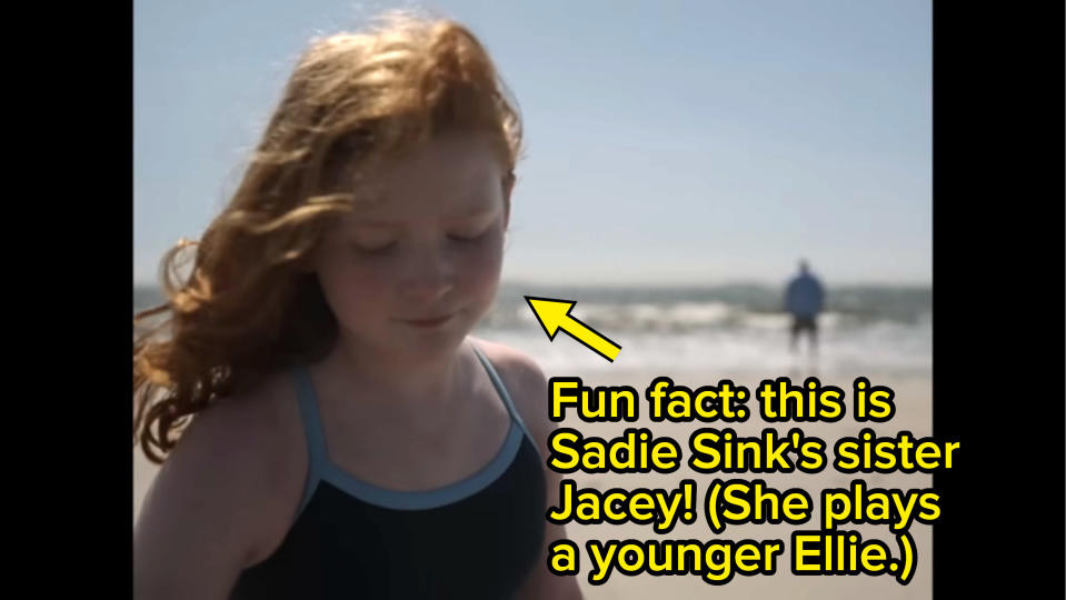 Ellie on the beach as a young girl, with a note saying that young Ellie is played by Sadie Sink's real-life sister