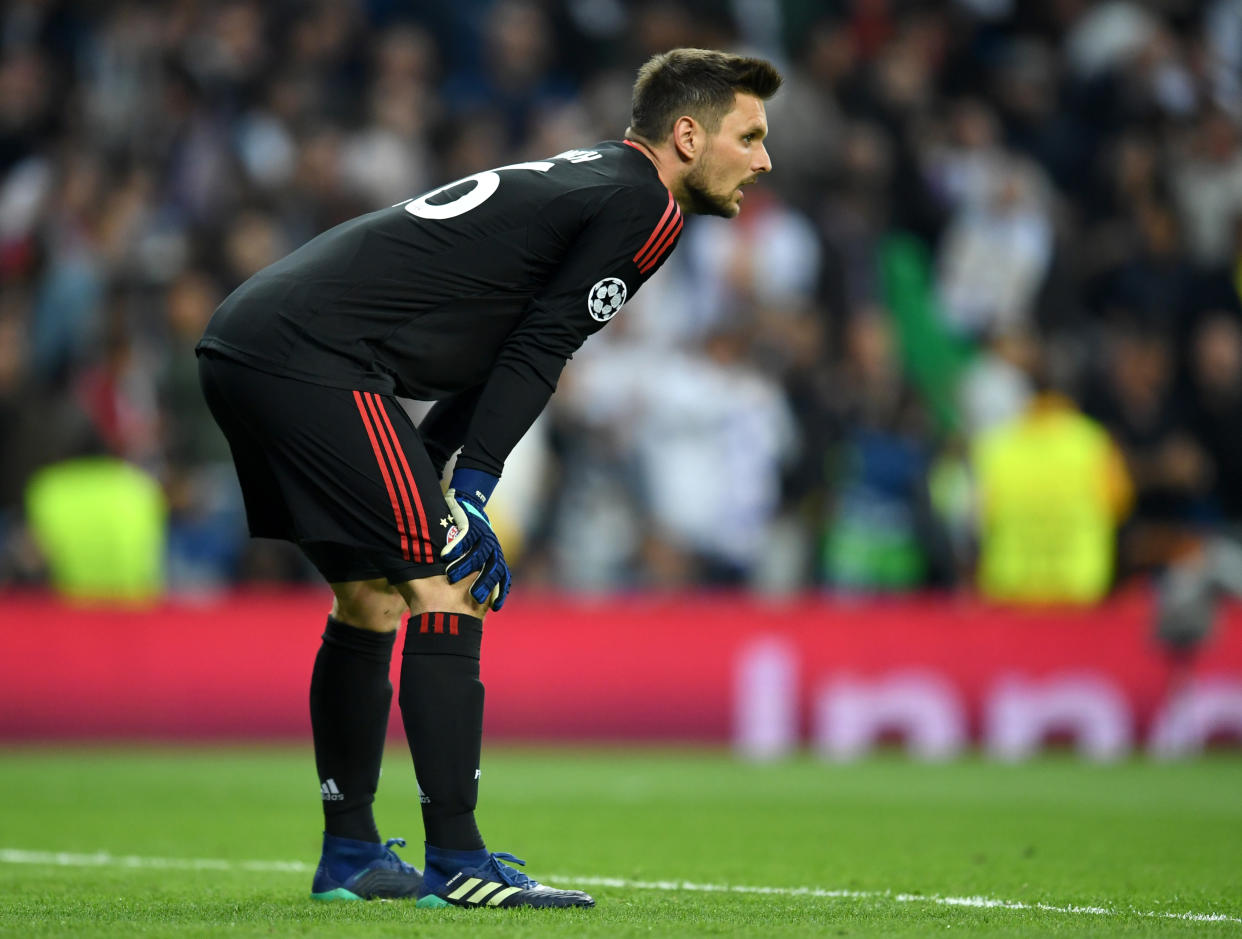 Bayern Munich goalkeeper Sven Ulreich reacts after his error led to Real Madrid’s second goal of their Champions League semifinal second leg. (Getty)