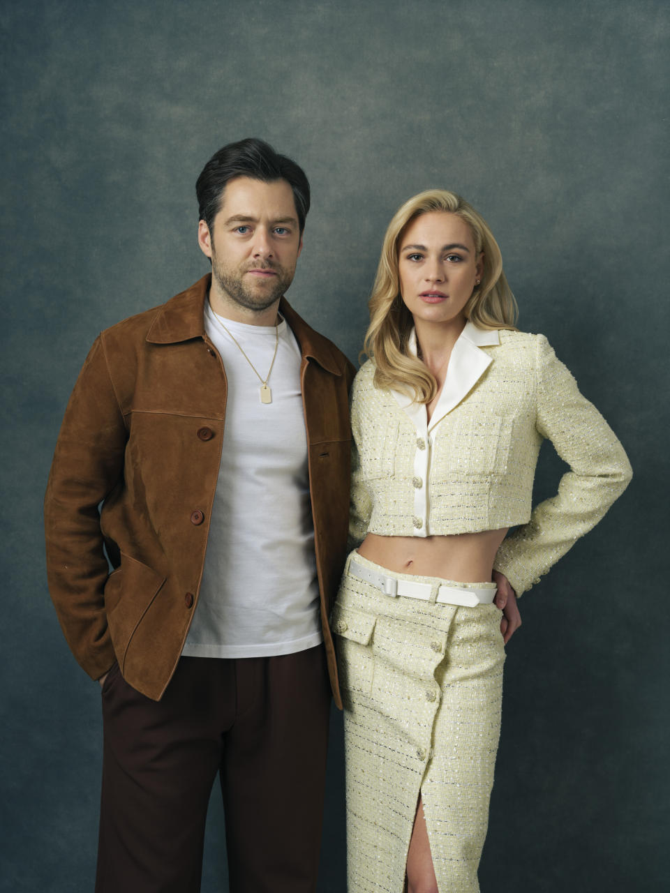 Richard Rankin, left, and Sophie Skelton pose for a portrait to promote the television series "Outlander" on Thursday, June 8, 2023, in New York. (Photo by Drew Gurian/Invision/AP)