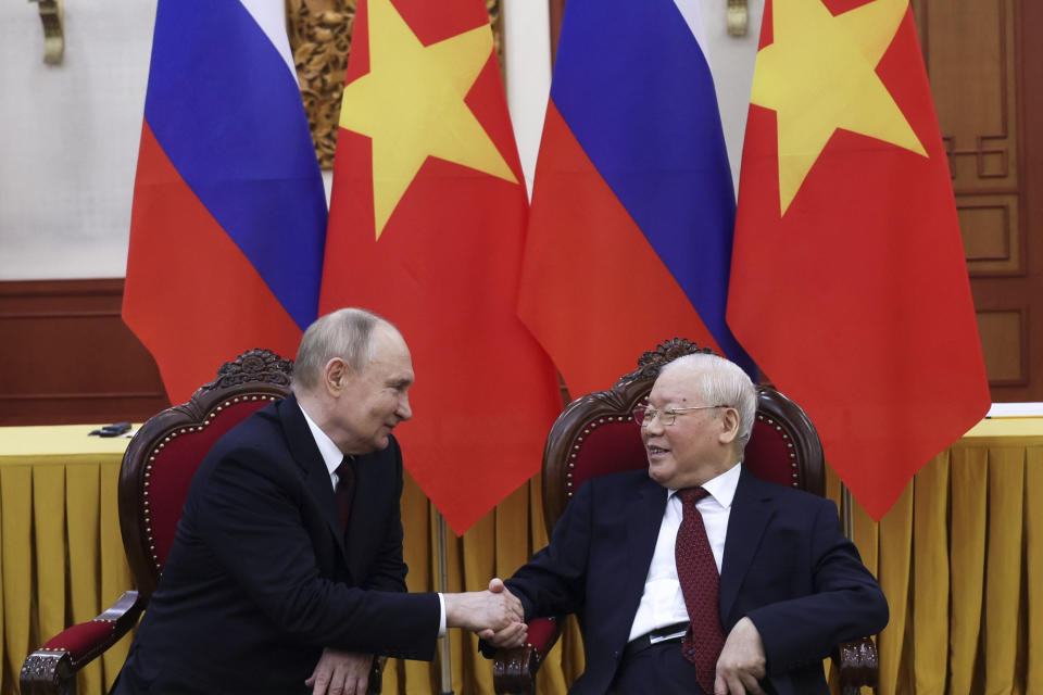 Russian President Vladimir Putin, left, shakes hands with General Secretary of the Communist Party of Vietnam Central Committee Nguyen Phu Trong during a meeting at the Communist Party Central Committee headquarters, in Hanoi, Thursday, June 20, 2024. (Gavriil Grigorov, Sputnik, Kremlin Pool Photo via AP)