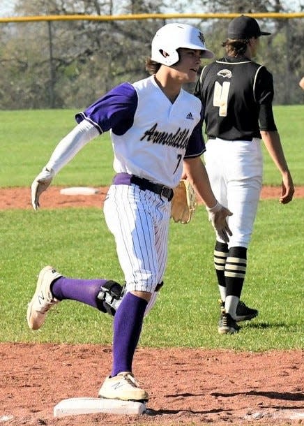 San Saba High School pitcher/shortstop Weston Oliver rounds third base during the 2022 season. The senior standout helped lead the Armadillos to the regional quarterfinals.