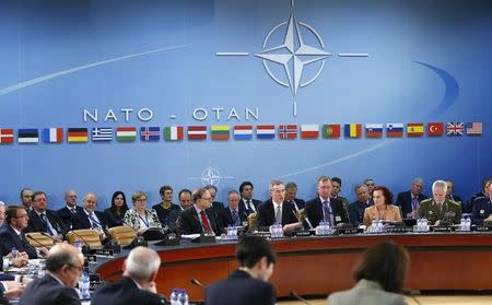 NATO Secretary General Jens Stoltenberg (C) addresses a NATO defence ministers meeting at the Alliance's headquarters in Brussels February 10, 2016. REUTERS/Yves Herman