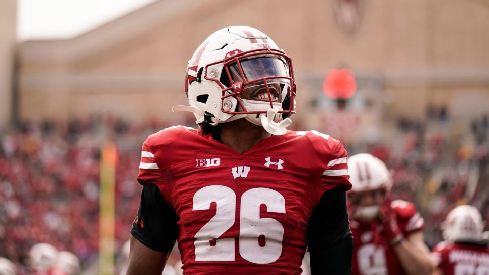 Wisconsin safety Travian Blaylock (26) during the first half of an NCAA college football game against Iowa Saturday, Oct. 30, 2021, in Madison, Wis. (AP Photo/Andy Manis)