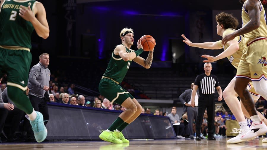 South Florida Bulls during a men’s basketball game against the University of Tulsa Golden Hurricanes on March 9, 2024. (Stephen Galvin/South Florida Basketball)