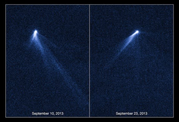 Named P/2013 P5, this object is the first body in the asteroid belt to be spotted with multiple tails. The tails seem to have swung around in the time between the initial images taken by the Hubble Space Telescope on Sept. 10, 2013 and the seco