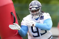 Tennessee Titans second round draft pick defensive tackle T'Vondre Sweat (93) runs through a drill during an NFL rookie minicamp football practice Friday, May 10, 2024, in Nashville, Tenn. (AP Photo/George Walker IV)