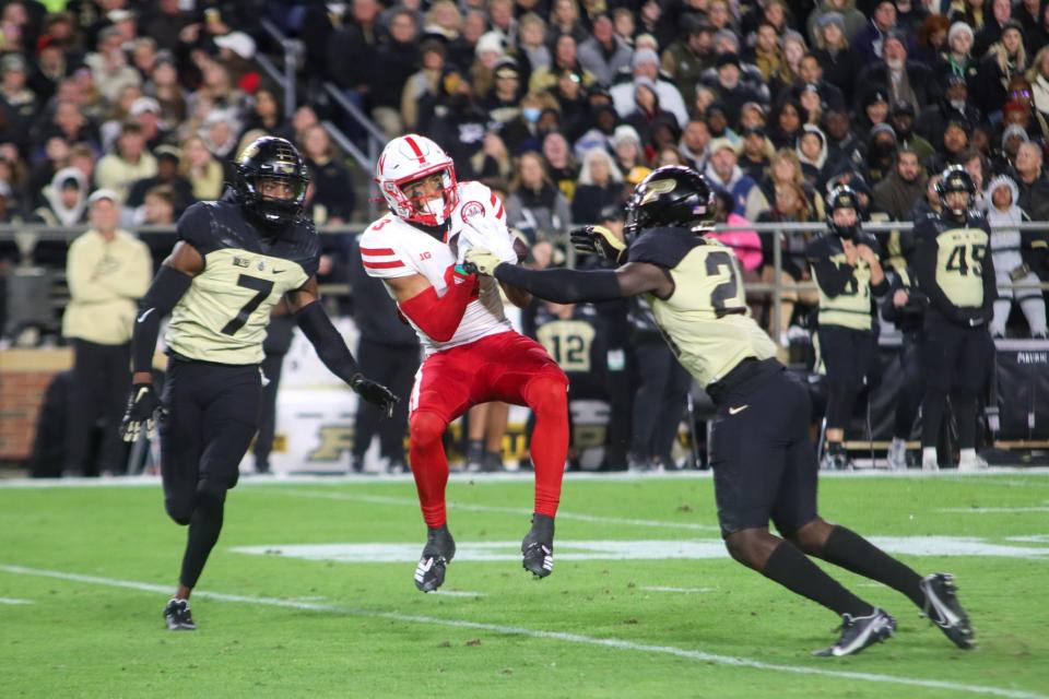 Trey Palmer (3) catches a pass during the NCAA football game, Saturday, Oct, 15, 2022, at Ross-Ade Stadium in West Lafayette, Ind.