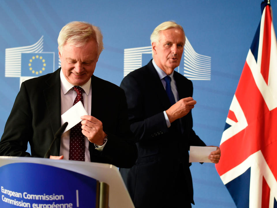 Michel Barnier (right) and David Davis appeared to have made little progress during Brussels discussions yesterday: AFP