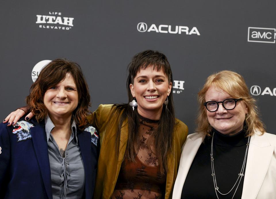 Amy Ray, from left, director Alexandria Bombach and Emily Saliers speak to reporters at the premiere of the documentary film “It’s Only Life After All” at the Ray Theatre in Park City on Thursday, Jan. 19, 2023. | Laura Seitz, Deseret News