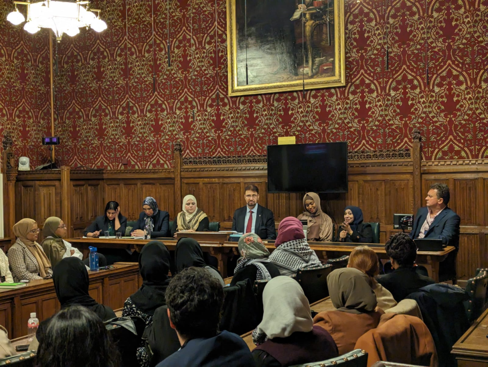 (L-R) Labour MP Shabana Mahmood; Asmaa Shuweikh, activist; Amna Abdullatif, award-winning national anti-racism campaigner; Labour MP Afzal Khan; Adama Juldeh Munu, award-winning journalist; Tasnim Nazeer, award-winning journalist and the first hijab-wearing TV reporter in Scotland; filmmaker Samir Mehanovi (UK Parliament)