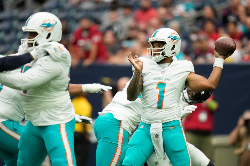 Dolphins quarterback Tua Tagovailoa looks to pass against the Houston Texans.