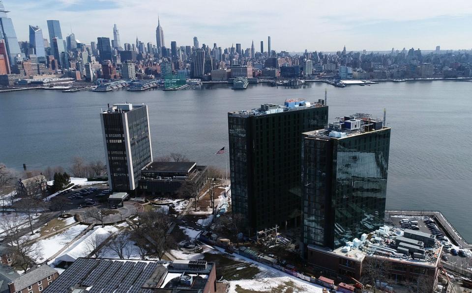 Drone image of the construction of two new buildings for student housing with Manhattan views at Stevens Institute of Technology in Hoboken, NJ on Wednesday, Feb. 24, 2021.