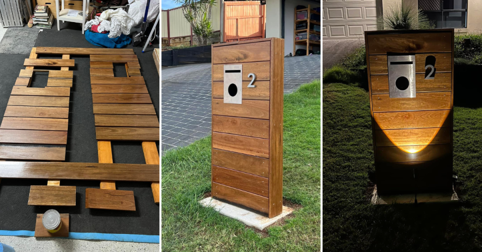 Using supplies from Bunnings is a letterbox design in pieces and then completed as seen in the daytime and at night.