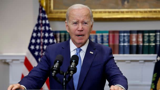 PHOTO: U.S. President Joe Biden delivers a brief update of the ongoing negotiations over the debt limit in the Roosevelt Room at the White House, May 17, 2023, in Washington. (Chip Somodevilla/Getty Images)