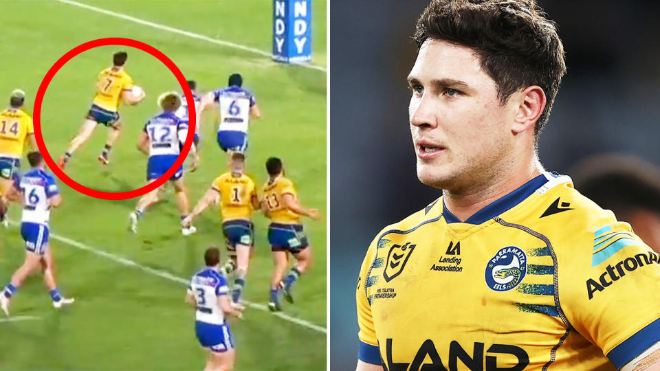 Mitchell Moses, pictured here botching a certain try for the Eels against the Bulldogs.