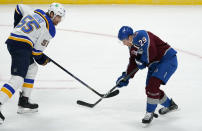 Colorado Avalanche center Nathan MacKinnon, right, has the puck slide between his skates after his shot was blocked by St. Louis Blues defenseman Colton Parayko in the first period of an NHL hockey game Friday, Jan. 15, 2021, in Denver. (AP Photo/David Zalubowski)