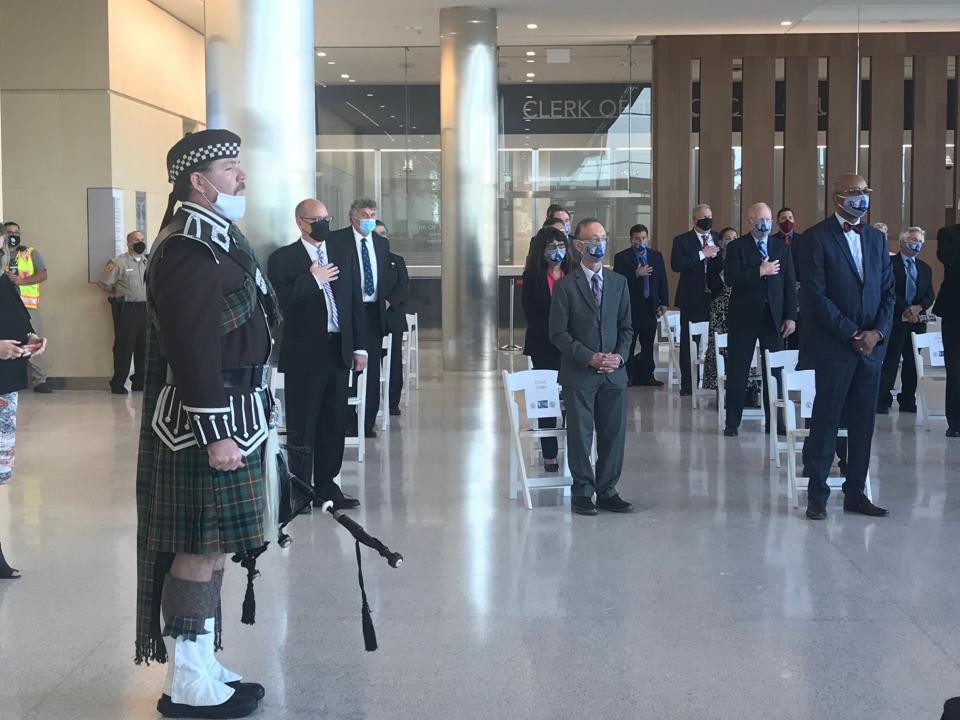 Will County Sheriff's Office honor guard opened the event celebrating the new Will County Courthouse in downtown Joliet. Image via John Ferak/Patch