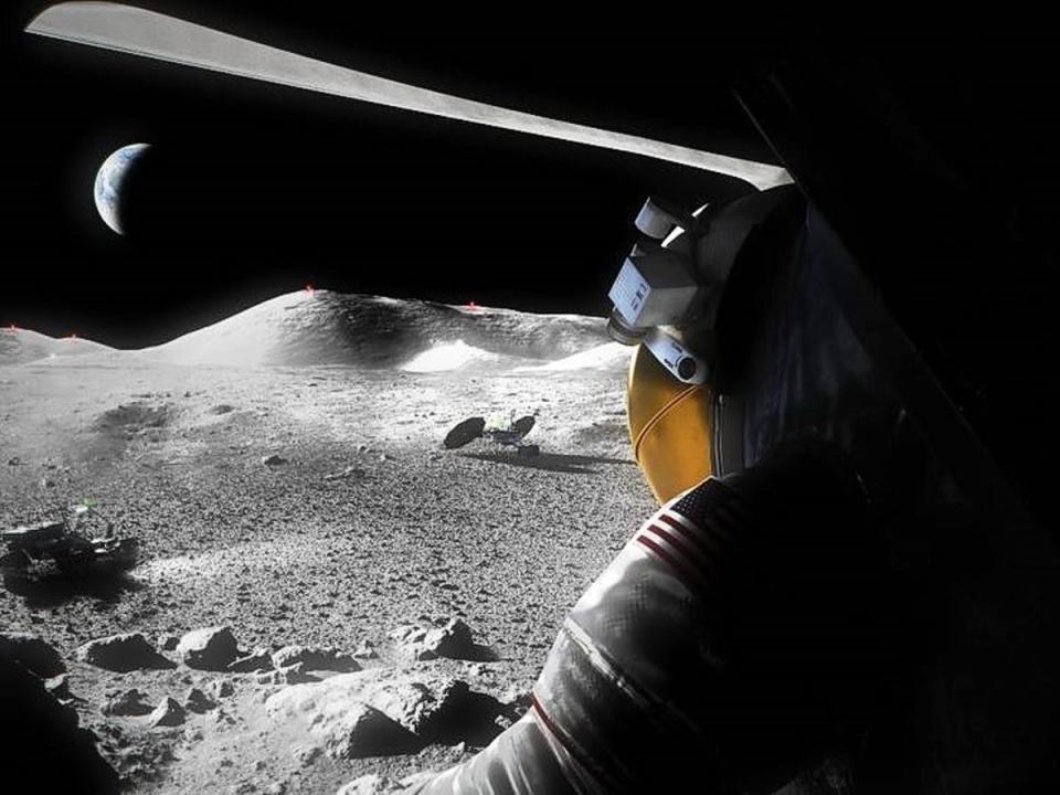 An artist’s concept of a suited Artemis astronaut looking out of a moon lander hatch across the lunar surface (Nasa)