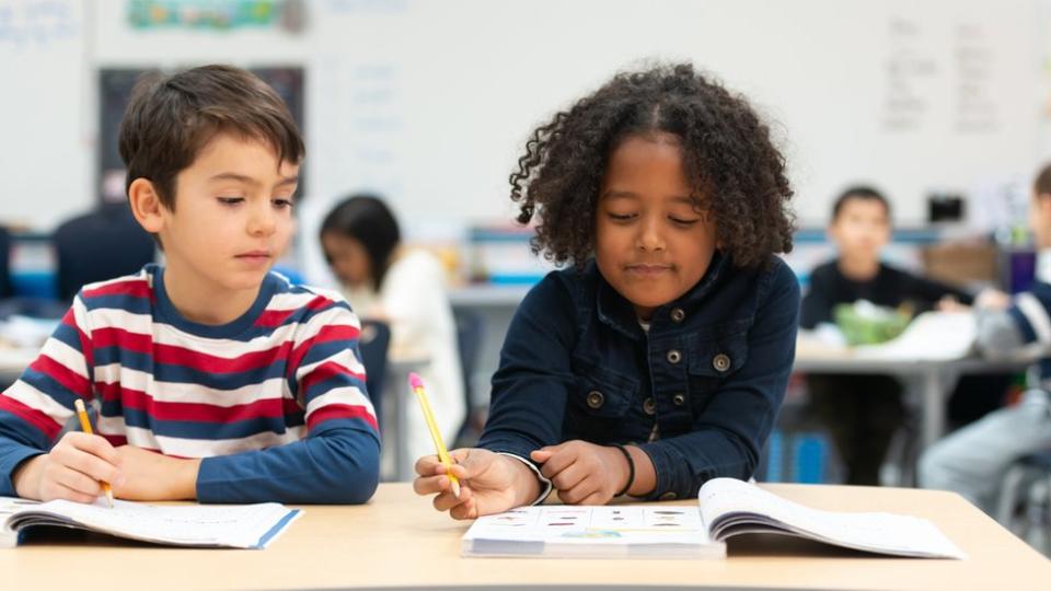 Dos niños de aspecto muy diferentes hacen la tarea en la escuela.