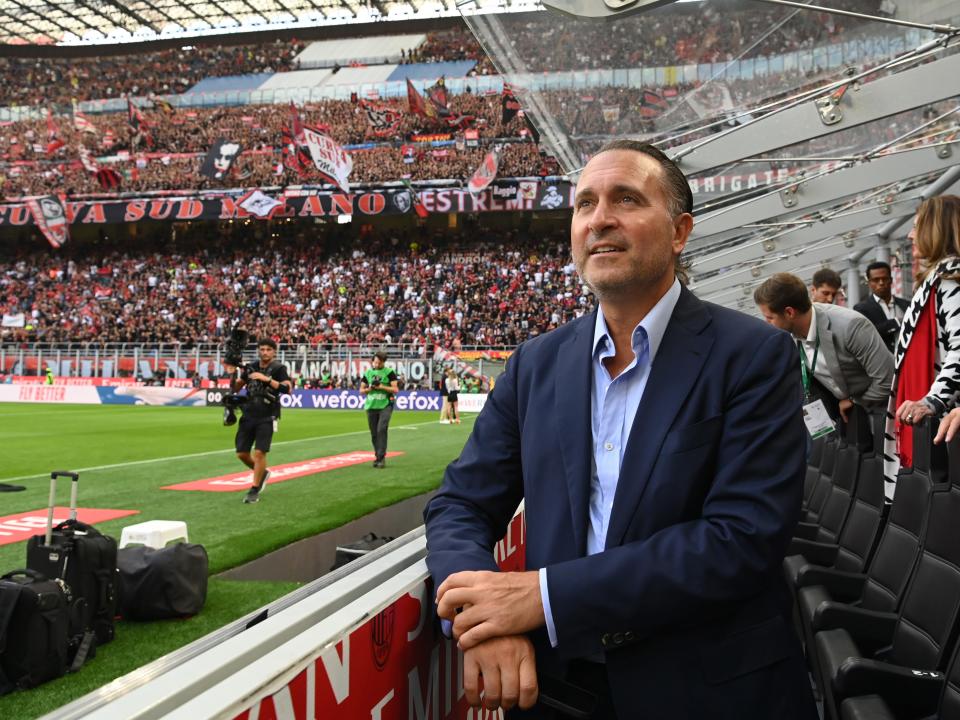 Gerry Cardinale, wearing a blue button down shirt and a navy suit, at the Serie A match between AC Milan and FC Internazionale at Stadio Giuseppe Meazza in Milan, Italy