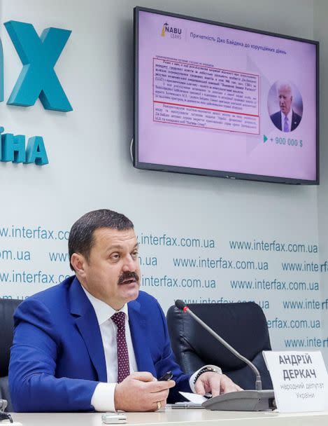 PHOTO: In this Oct. 9, 2019, file photo, Ukrainian lawmaker Andriy Derkach attends a news conference in Kiev, Ukraine. (Gleb Garanich/Reuters, FILE)