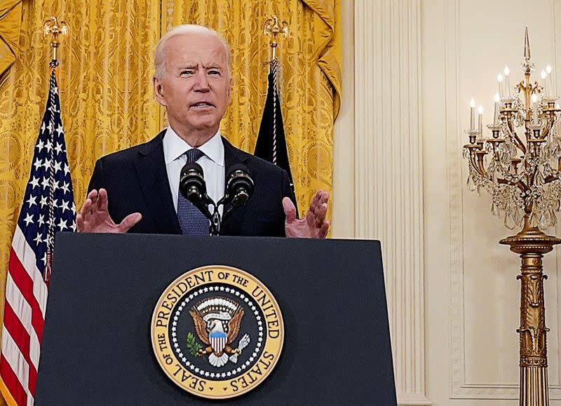 FILE PHOTO: U.S. President Biden speaks to news media at the White House in Washington