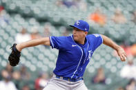 Kansas City Royals relief pitcher Kris Bubic throws during the fourth inning of a baseball game against the Detroit Tigers, Thursday, May 13, 2021, in Detroit. (AP Photo/Carlos Osorio)