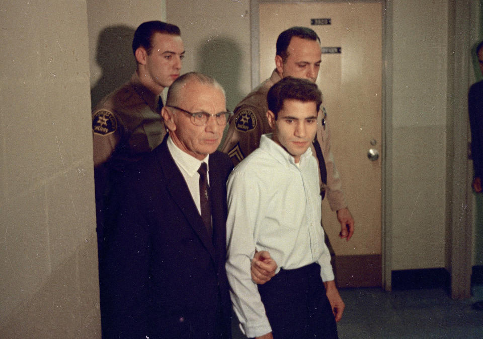 Image: Sirhan Bishara Sirhan, right, accused assassin of Sen. Robert F. Kennedy, with his attorney Russell E. Parsons, June 1968. (AP file)