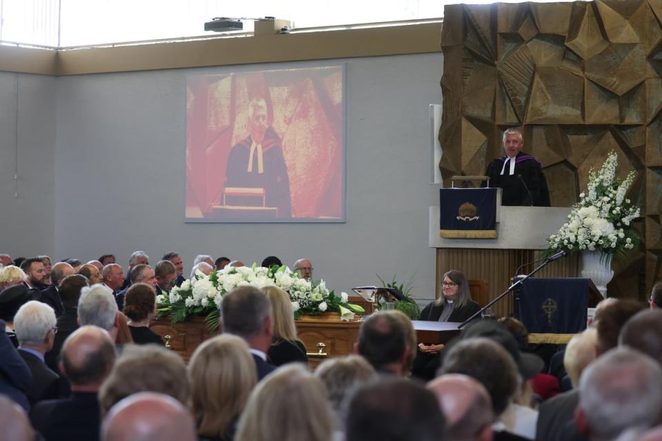 Former moderator of the Presbyterian Church Charles McMullan speaking at David Trimble’s funeral (Liam McBurney/PA) (PA Wire)