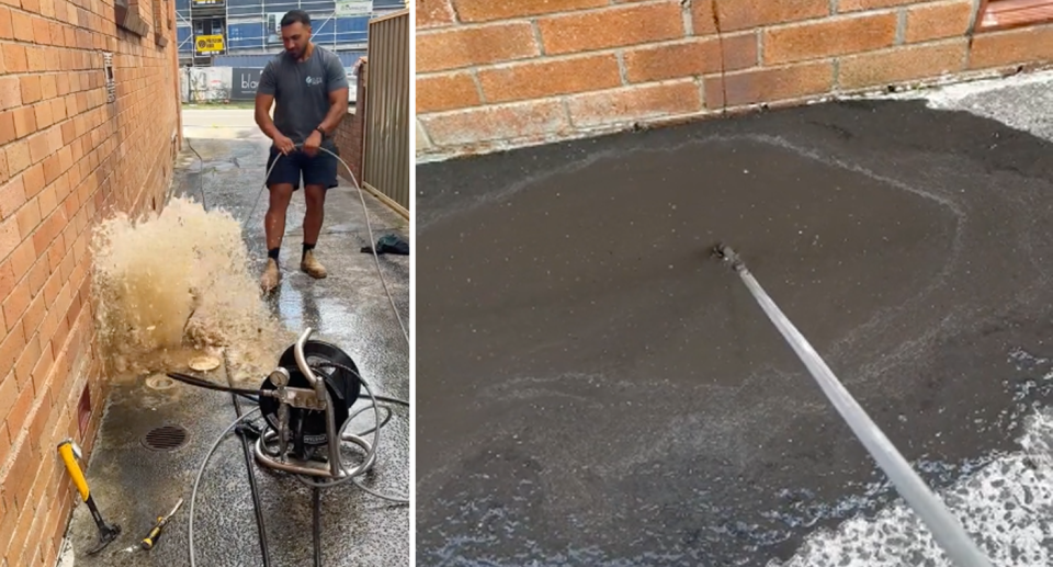 Left, the tradie issued a poo warning after human waste erupted outside the property. Right, human waste and dirt swells up out of the drain in the driveway. 