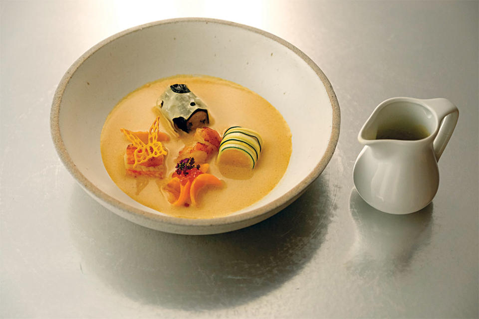 One of season 19 champ Buddha Lo&#x002019;s winning dishes, his mother&#x002019;s Penang laksa with cannelloni, king crab, lobster and a carrot butterfly tuile.