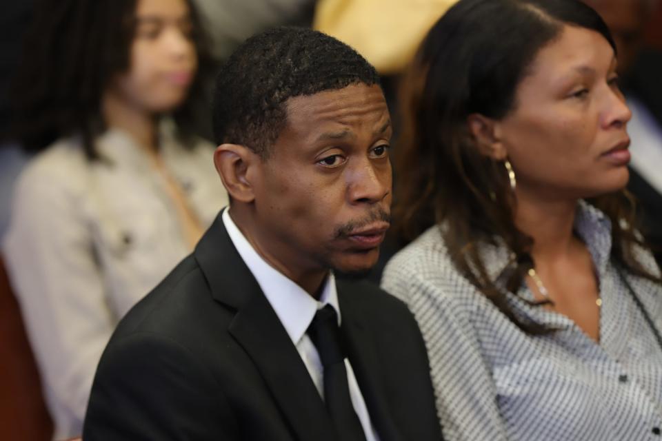 Kecalf Franklin, youngest son of Aretha Franklin, attends the probate hearing for his mother's estate concerning a found written will at Oakland County courthouse in Pontiac, Mich. on Tuesday, Aug. 6, 2019. 