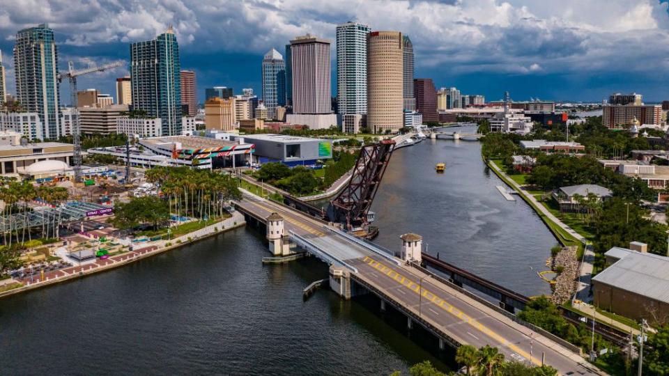 aerial drone view of sprawling tampa bay skyline, florida