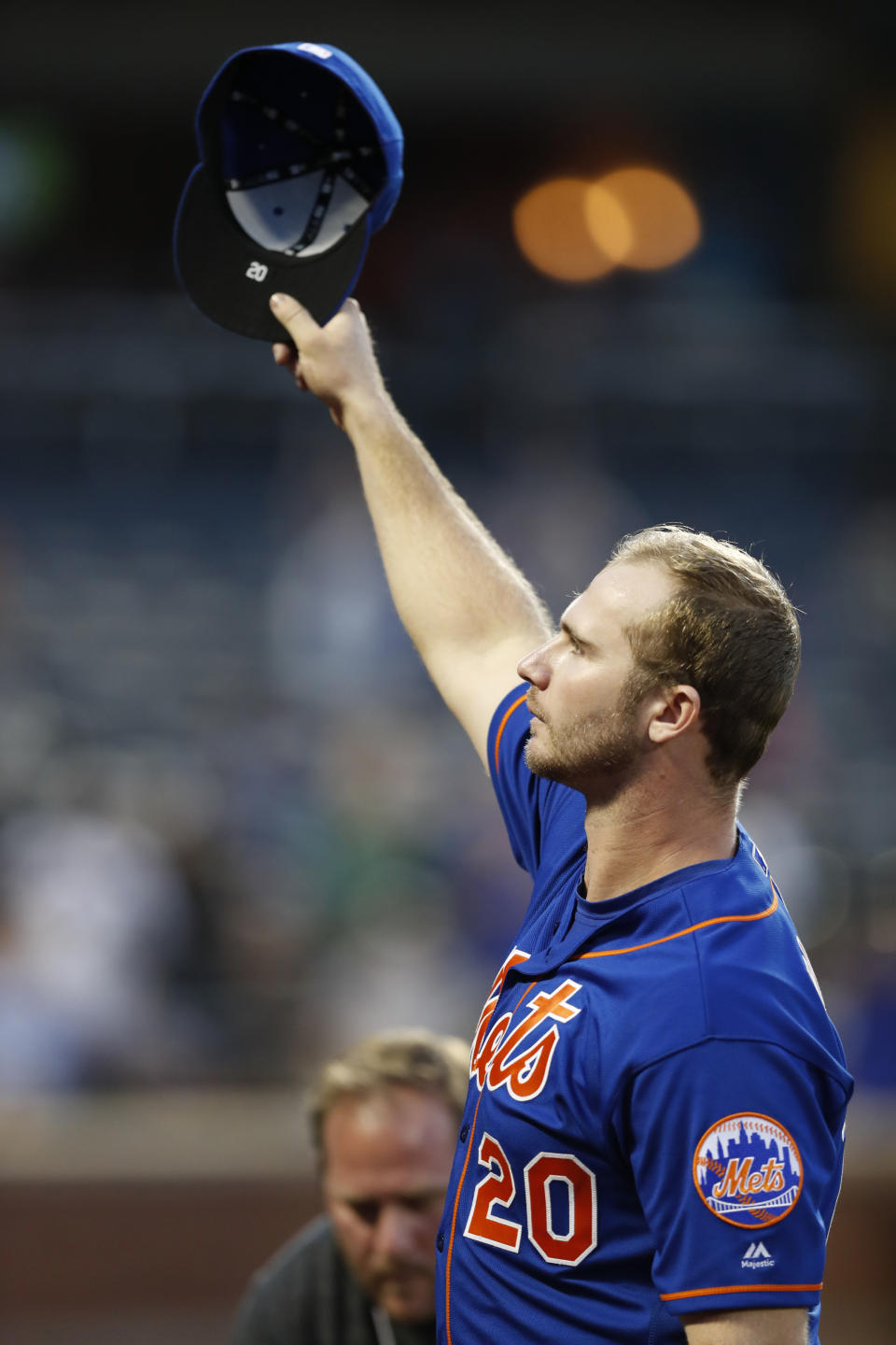 New York Mets' Pete Alonso, who set the MLB rookie home run record after surpassing the Yankees' Aaron Judge, waves to the crowd after he was removed from the Mets final baseball game of the season, Sunday, Sept. 29, 2019, in New York. (AP Photo/Kathy Willens)