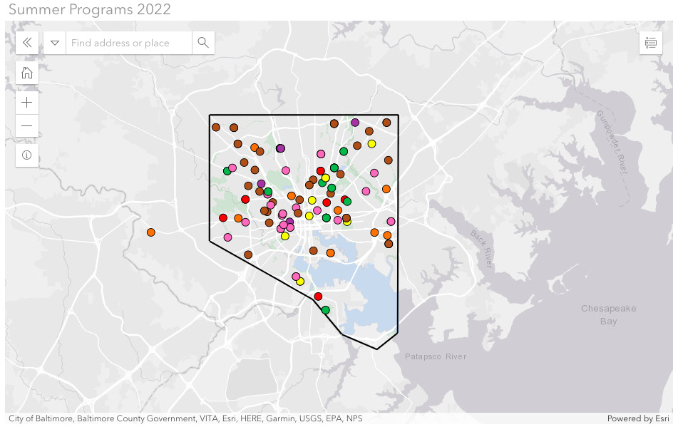 A map of the locations across Baltimore offering free summer learning opportunities through the school district. Colors signify the age ranges served by each program. Pink dots represent camps run by local schools rather than district leadership. (Screenshot, Baltimore City Public Schools)