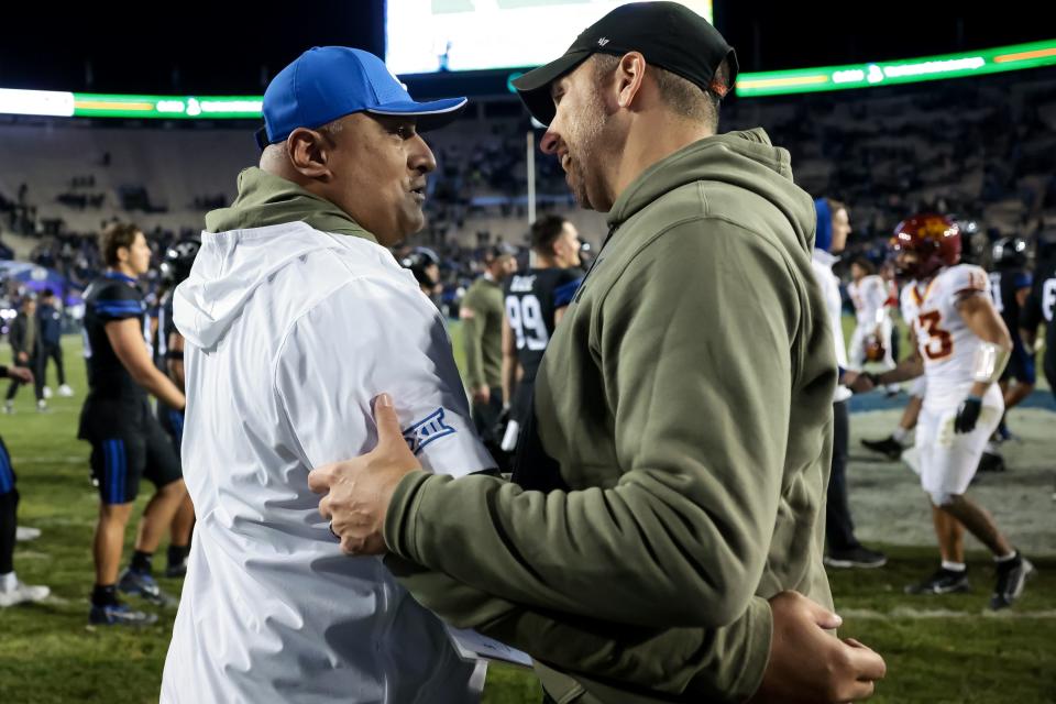 BYU Cougars head coach Kalani Sitake and Iowa State Cyclones head coach Matt Campbell talk after the Cyclines beat the Cougars 45-13 at LaVell Edwards Stadium in Provo on Saturday, Nov. 11, 2023. | Spenser Heaps, Deseret News