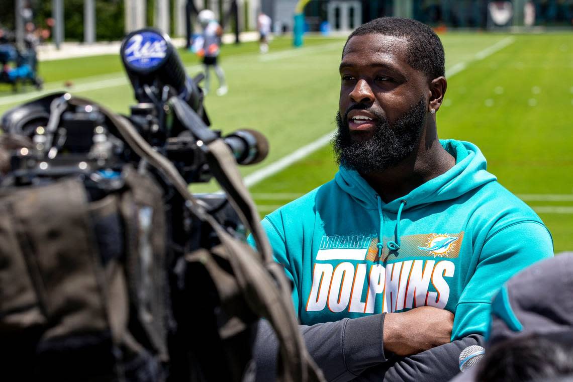 Miami Dolphins tackle Terron Armstead speaks to the media after the first mandatory practice of the season at Baptist Health Training Complex in Miami Gardens, Florida, on Wednesday, June 1, 2022.