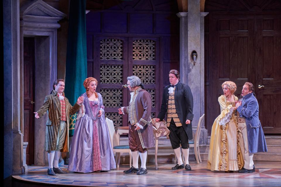 The cast of the Sarasota Opera production of Rossini’s “The Silken Ladder,” from left, Alexander Boyd, Maria Miller, Samuel Schlievert, Sean Anderson, Hanna Brammer and Christopher Bozeka.