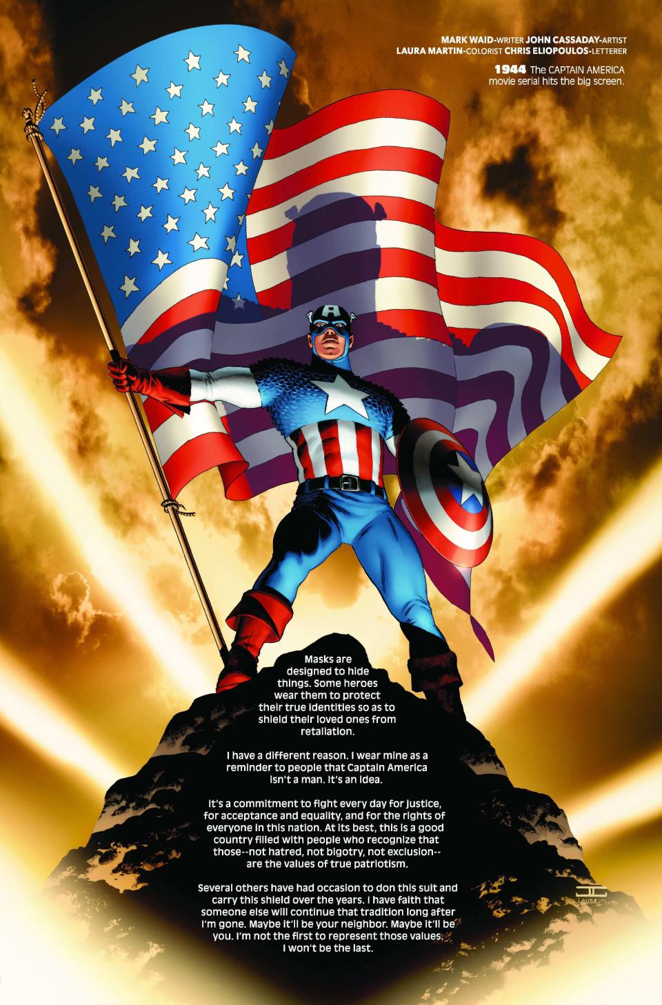 This image provided by Marvel Comics shows a page devoted to 1944 from Marvel Comics #1000, the publisher’s 80th anniversary issue. The issue goes on sale Wednesday, Aug. 28, 2019, and features a page devoted to each year of Marvel’s history through panels that explore its superheroes, like Captain America. (John Cassaday/Marvel Comics via AP)