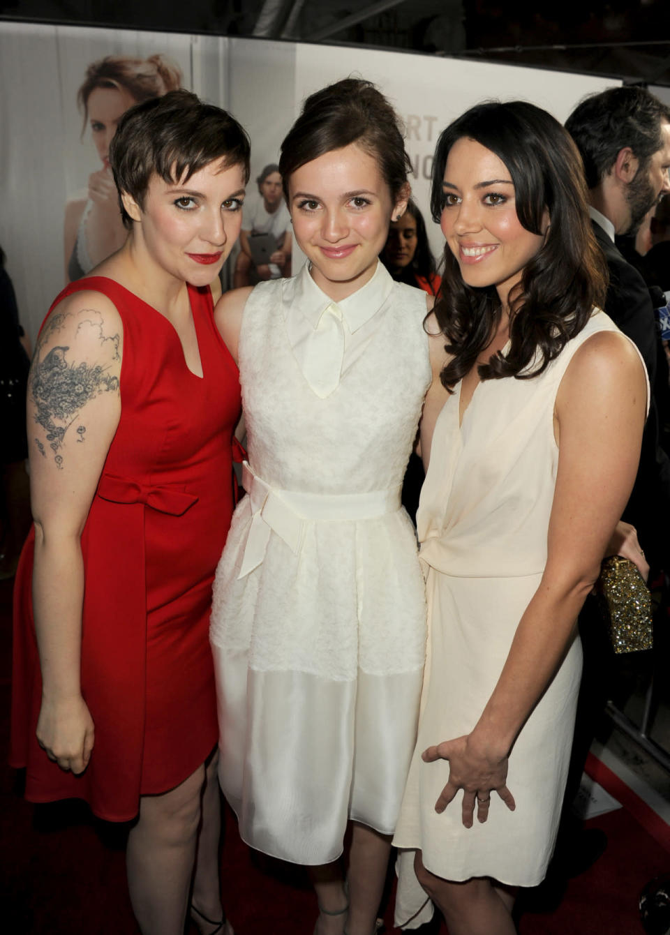 <p>Alongside Lena Dunham (Maude’s dad, Judd, is the executive producer of Dunham’s HBO show “Girls” – and Maude even guest starred in a few episodes in 2015) and Aubrey Plaza at the premiere of “Knocked Up” sequel “This Is 40.”<i> (Photo by Kevin Winter/Getty Images)</i></p>