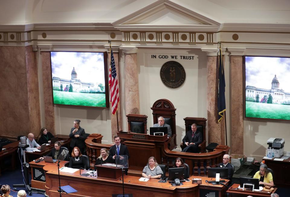 Gov. Andy Beshear delivered the State of the Commonwealth address in the House chamber inside the State Capitol in Frankfort, Ky. on Jan. 4, 2023.  