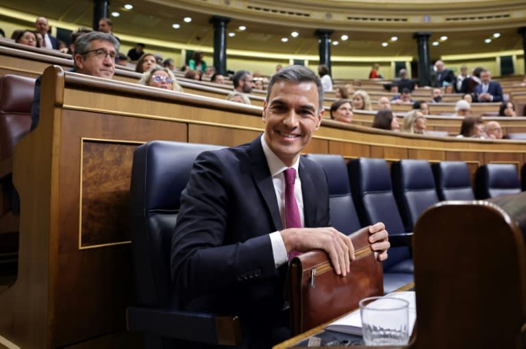 El presidente Pedro Sánchez sonríe en su escaño del Congreso de los Diputados español antes de una sesión, el 10 de abril de 2024 en Madrid (Thomas Coex)