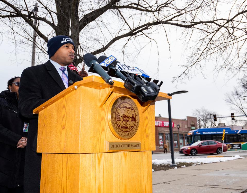 Mayor Cavalier Johnson calls for legislative change to improve roadway safety during a Feb. 16 event at Center Street Library in Milwaukee. Johnson and County Executive David Crowley asked state elected officials for a necessary change in Wisconsin law to make Milwaukee roads safer.