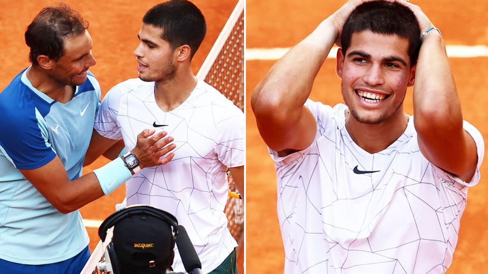 Carlos Alcaraz, pictured here after becoming the first teenager to beat Rafa Nadal on clay. 