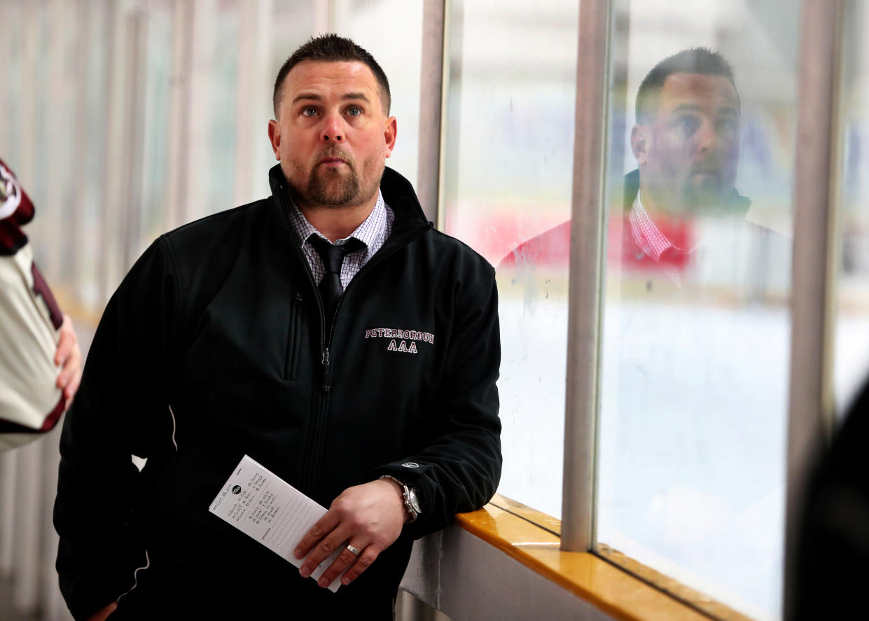 PETERBOROUGH, ON - OCTOBER 23: Former Boston Bruins player Marc Savard stands in the Evinrude Centre in Peterborough, Ontario on Oct. 23, 2016. The two-time All-Star had his professional playing career cut short by concussions and now coaches the Peterborough Evinrude Blades minor bantam AAA Petes. (Photo by Stan Grossfeld/The Boston Globe via Getty Images)