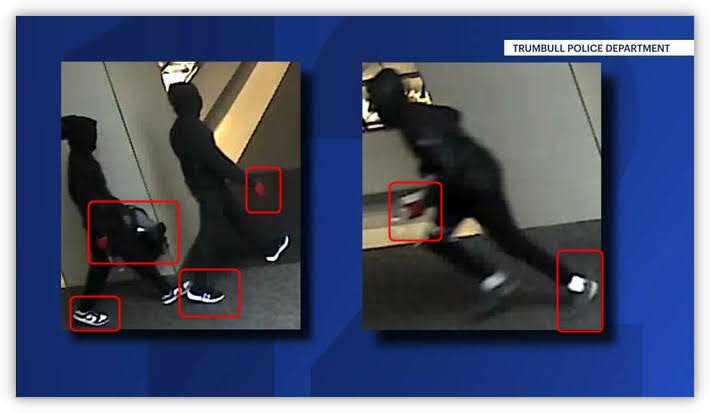 <span>Police screenshots marked with matching clues on the suspects compared to the video</span>